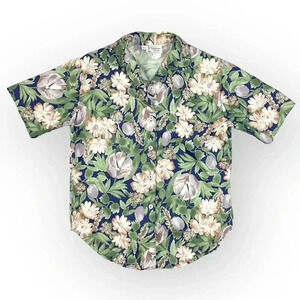 VTG Floral Button Up Blouse Top SMALL Short Sleeve Lighthouse Point Green Pink